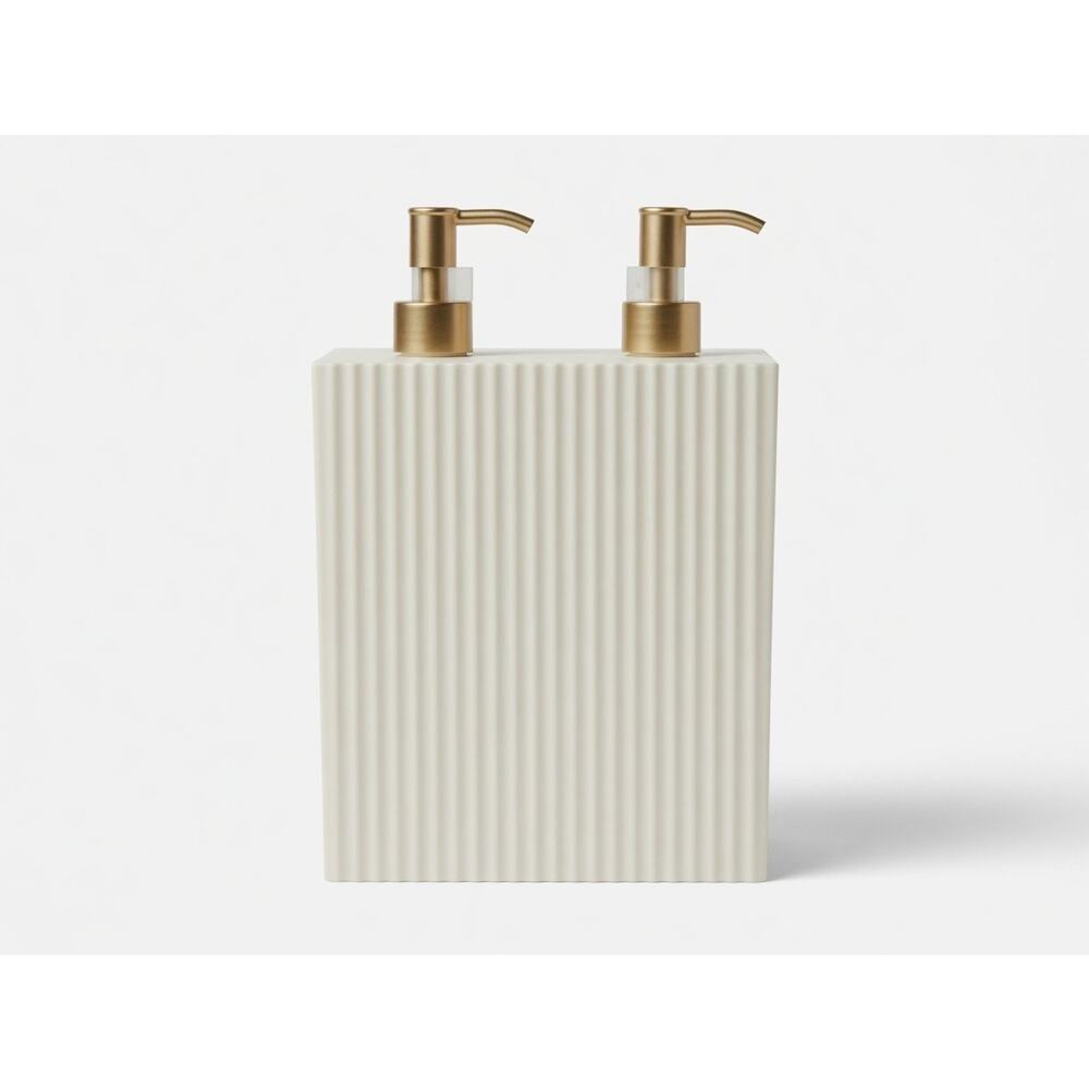 Cream Ribbed Bathroom Set – Soap Dispenser + Stackable Storage - Picture 3 of 5